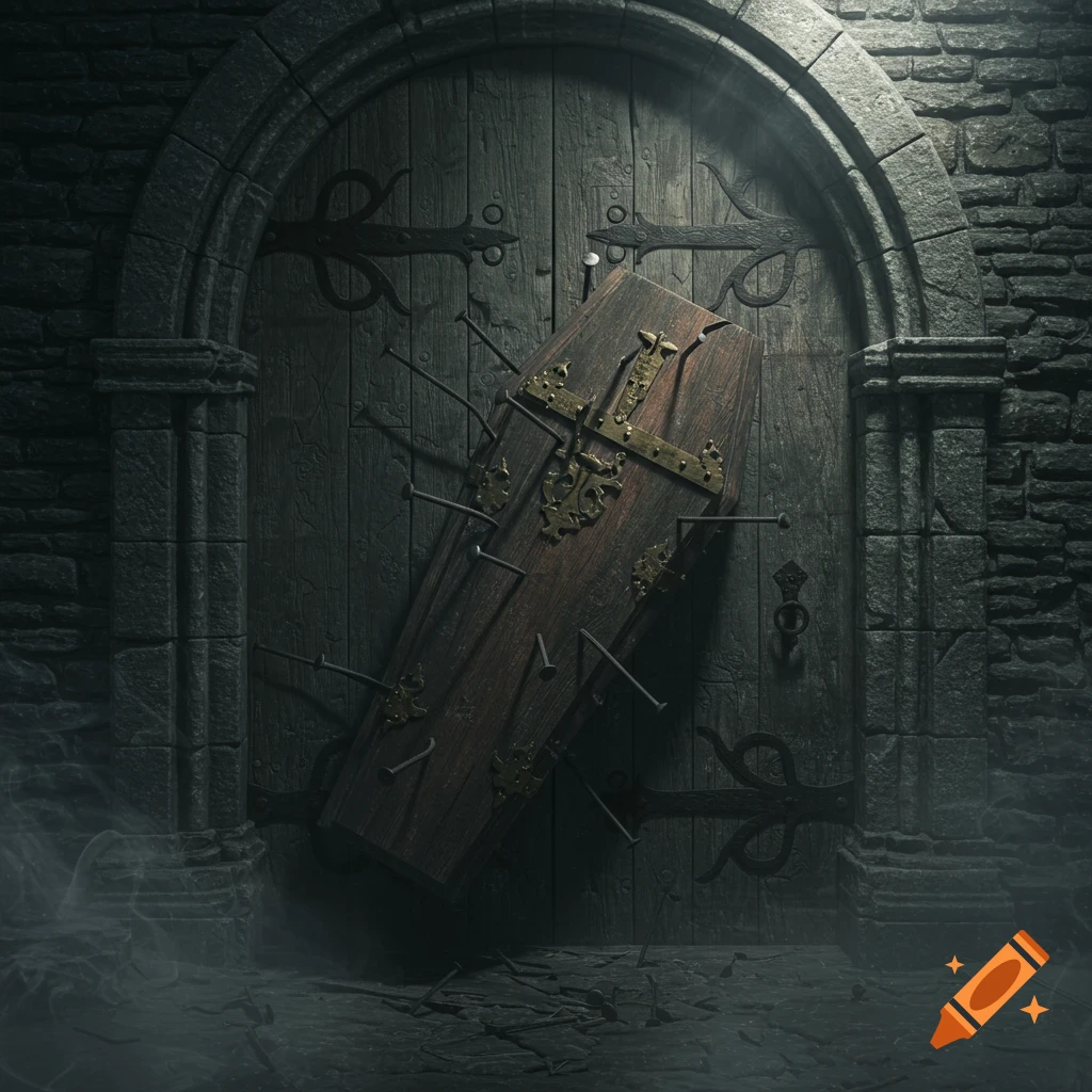 A wooden coffin nailed diagonally to an ancient, dark wooden door within a stone archway, creating a gothic and eerie scene with ground mist.