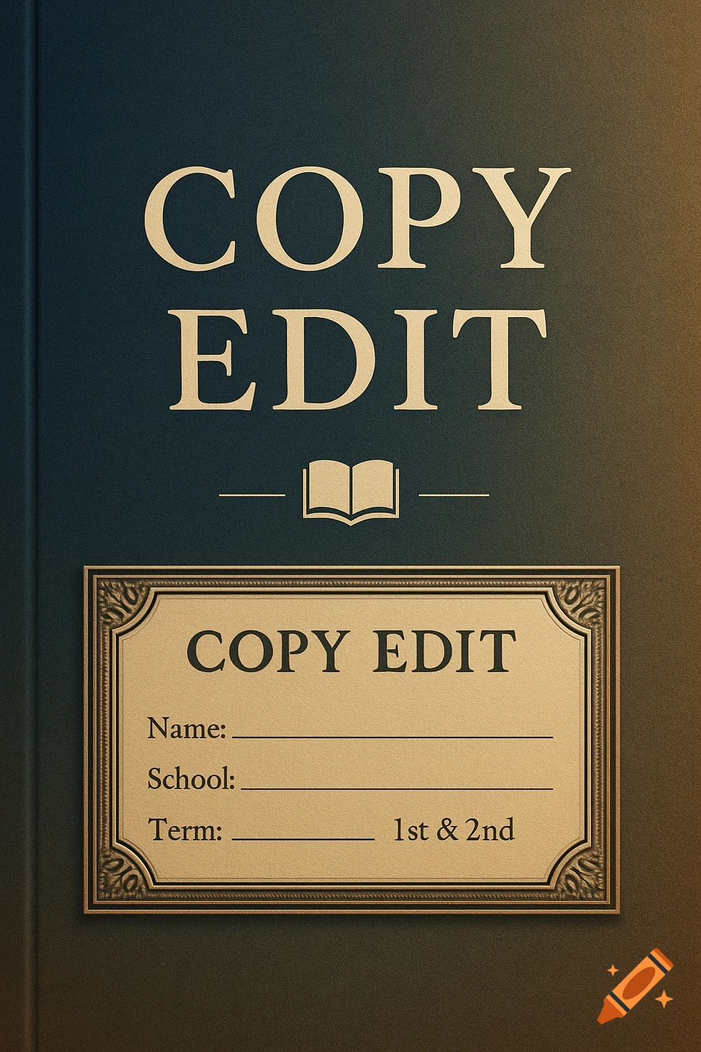A dark teal and brown book cover with 'COPY EDIT' text and a framed student information section below.