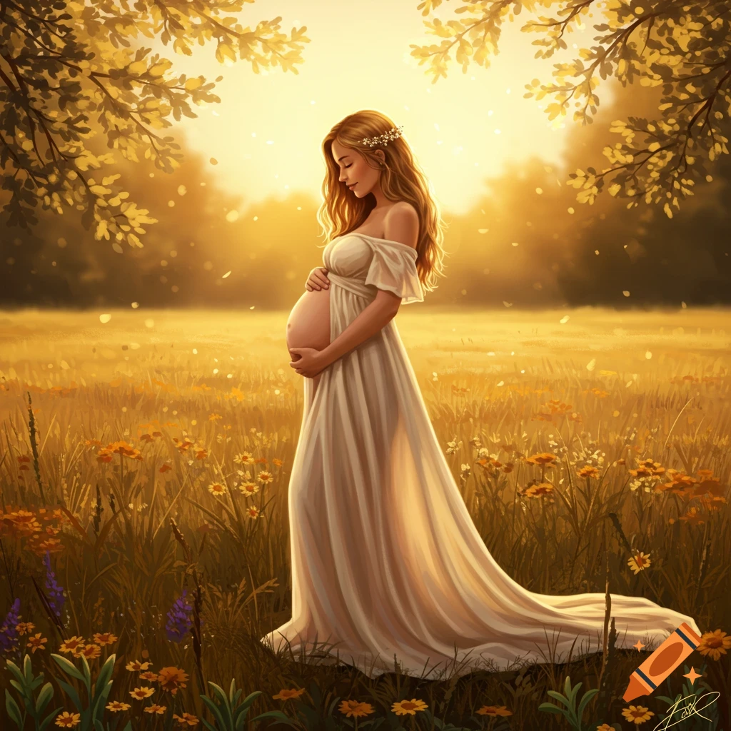 A pregnant woman in a flowing white dress stands in a golden field at sunset, cradling her belly. Sunlight filters through autumn trees.