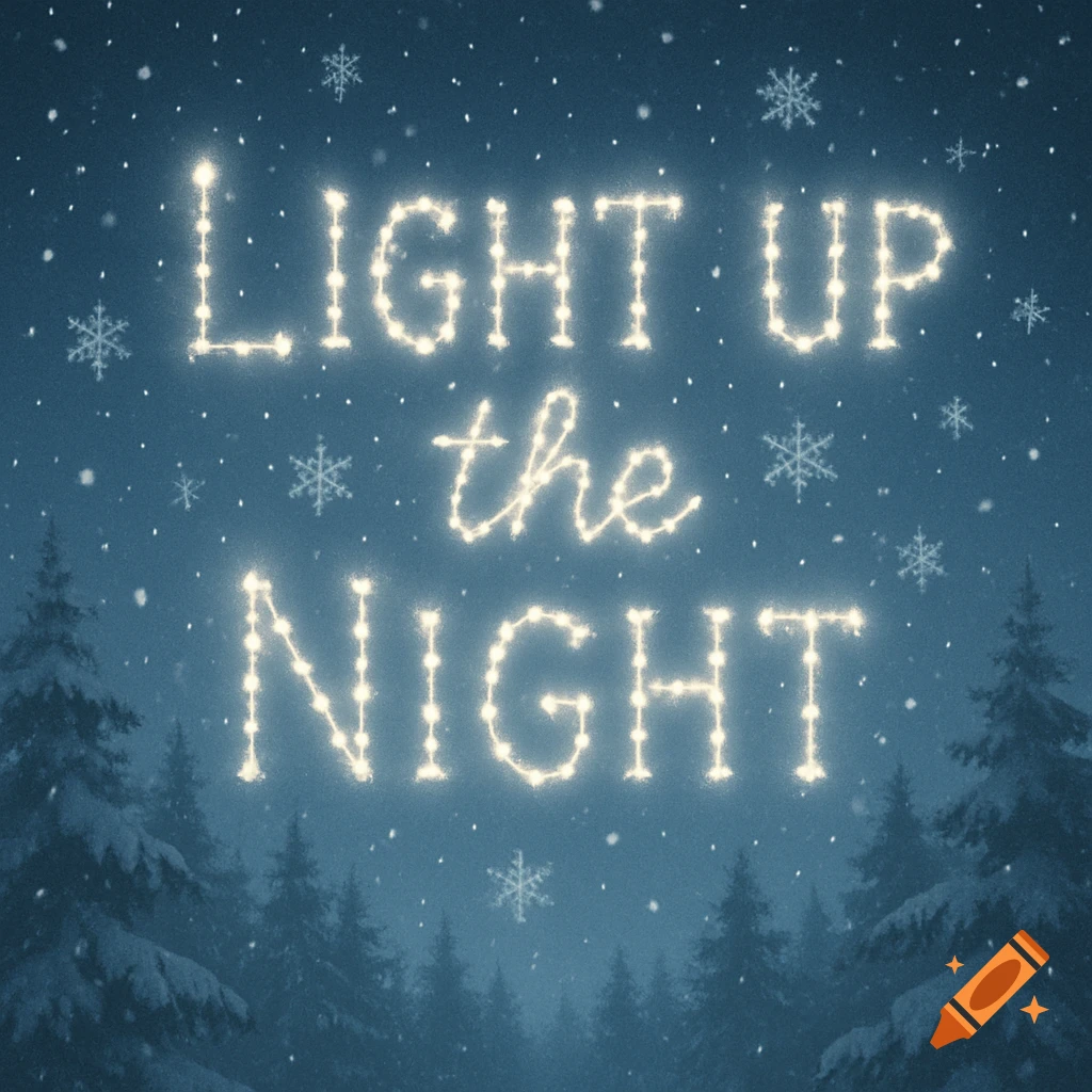 The phrase 'LIGHT UP the NIGHT' made of white Christmas lights illuminates a dark, snowy forest with falling snowflakes.