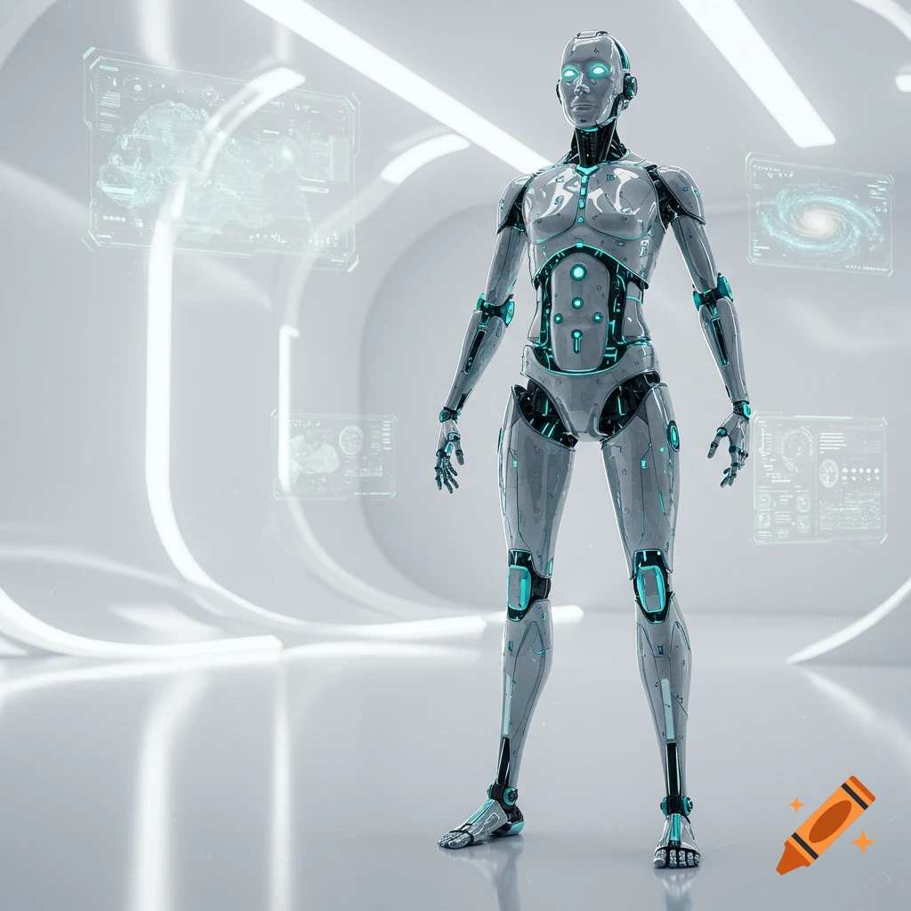 A photorealistic humanoid robot with glowing blue accents stands in a futuristic white room with holographic displays.