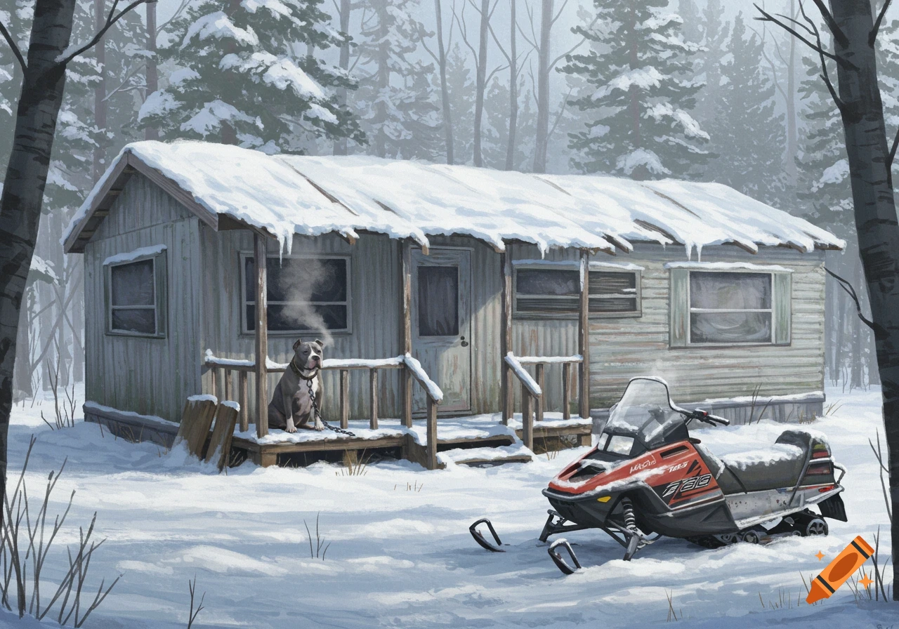 A dilapidated mobile home covered in snow in a winter forest, with a chained pit bull on the porch and a snowmobile parked nearby.