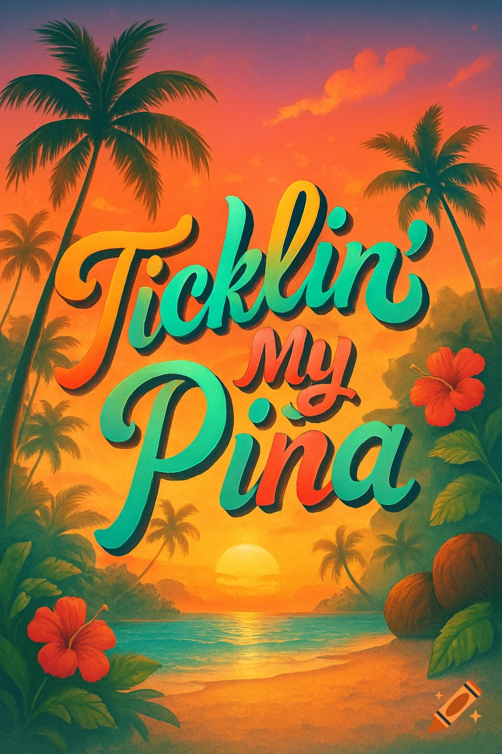 Vibrant tropical beach sunset with palm trees and retro-style lettering reading "Ticklin' My Pina" in orange and teal.