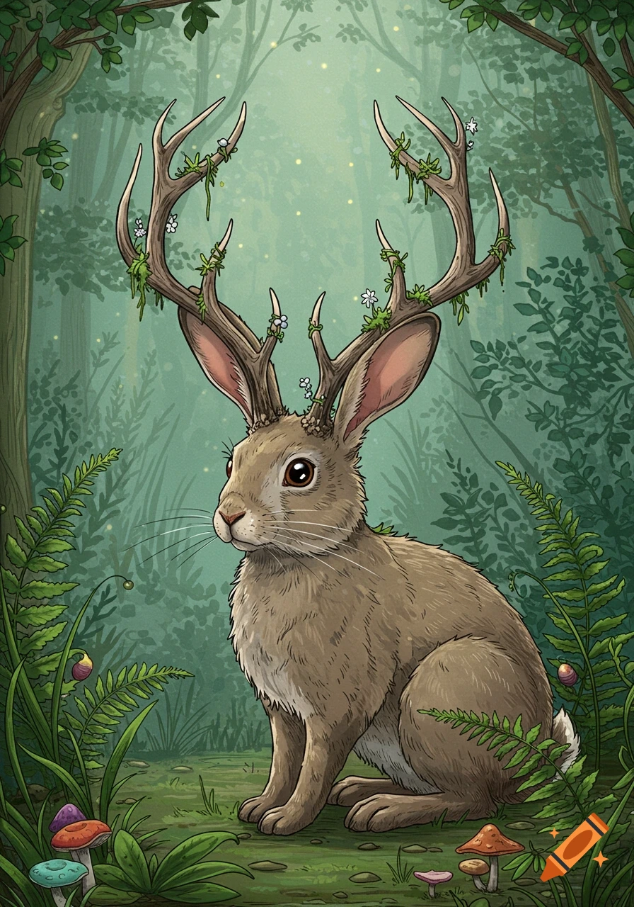 An illustration of a brown rabbit with large antlers adorned with small white flowers and green vines, sitting in a whimsical forest with mushrooms.