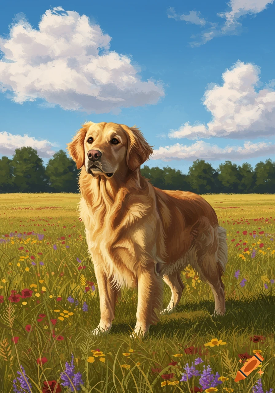 A golden retriever stands in a vibrant field of wildflowers under a blue sky with white clouds, in a painterly style.