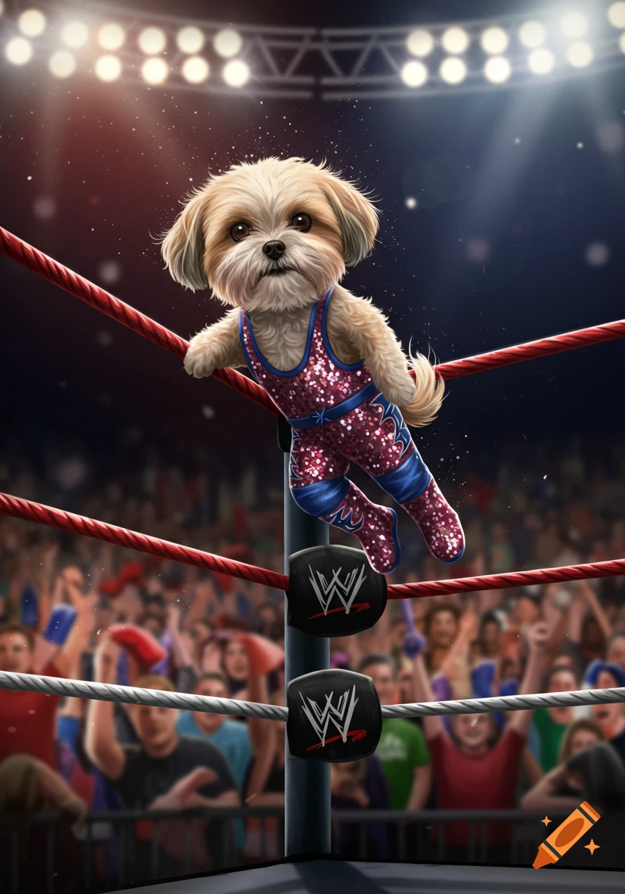A cute Shih Tzu dog in a sparkly pink and blue wrestling outfit climbs the ropes of a wrestling ring, with a cheering crowd. Illustrative.