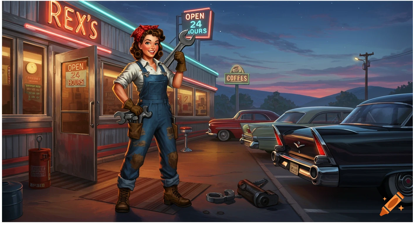 A smiling woman in mechanic overalls and a red bandana holds a large wrench outside Rex's 24-hour diner with vintage cars parked at dusk, in a retro illustration style.