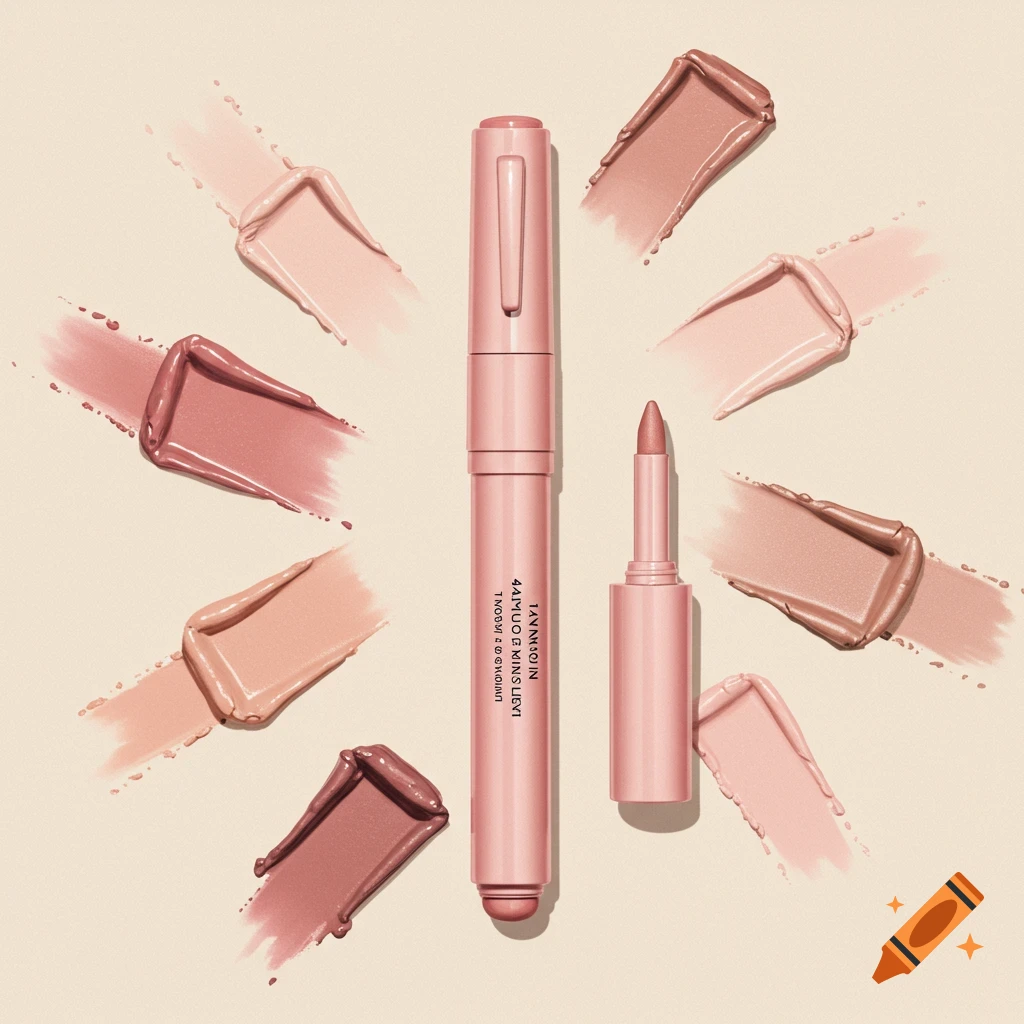 A pink 4-in-1 makeup pen with an extended tip, surrounded by swatches of pink and nude makeup shades on a light background.