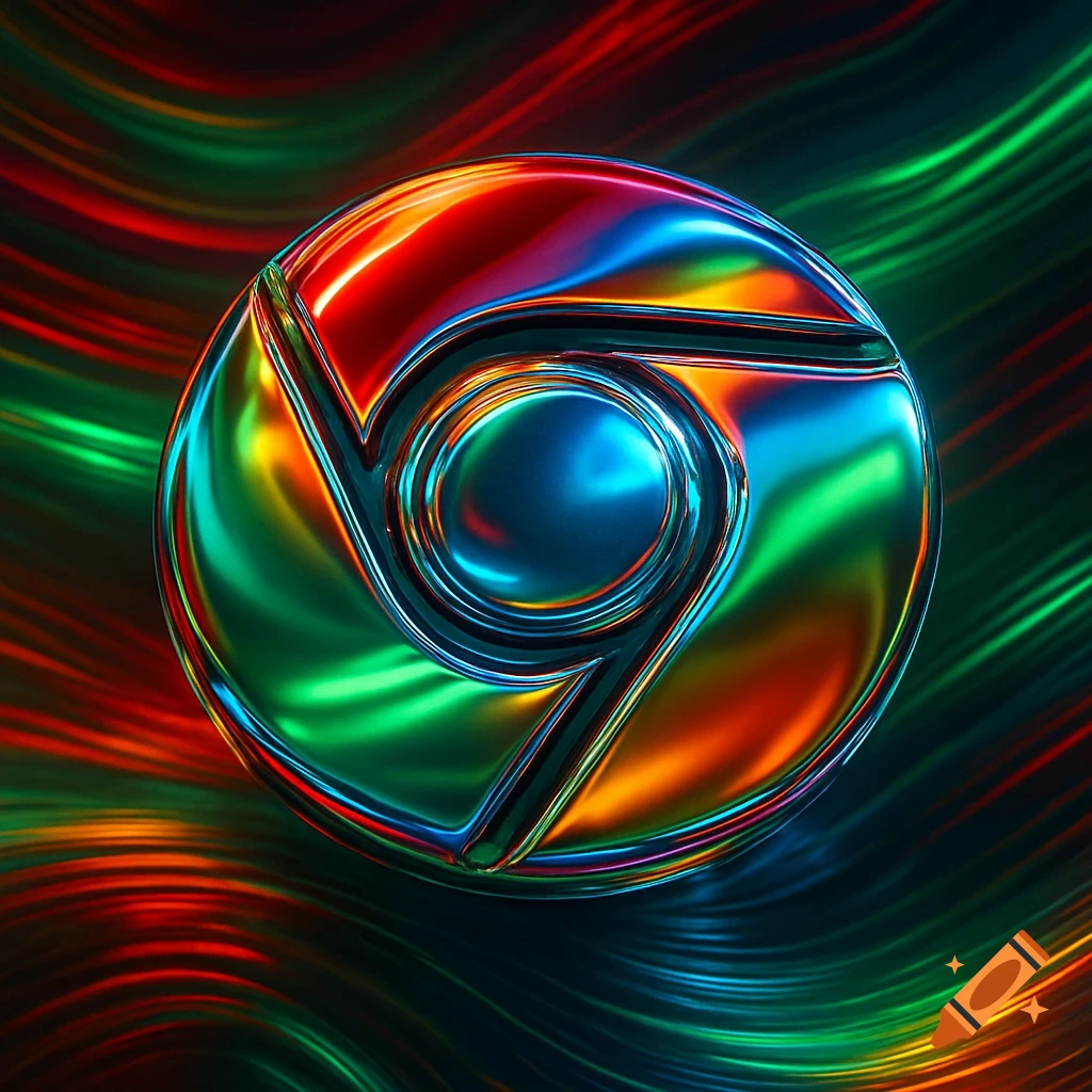 A vibrant, iridescent metallic orb resembling the Google Chrome logo, set against a colorful wavy background.