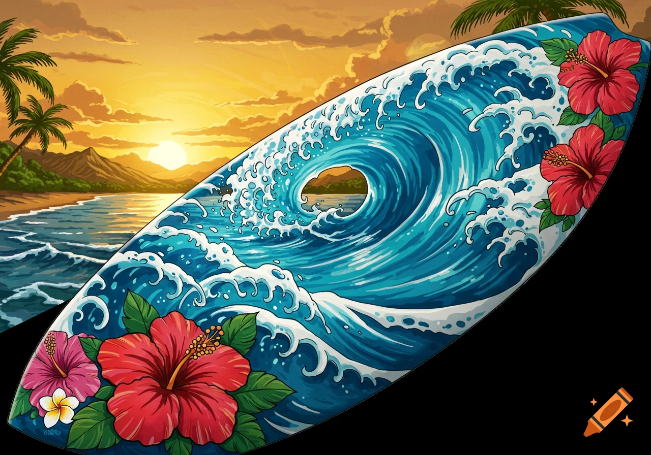 A surfboard with a detailed blue wave and red hibiscus flowers, set against a vibrant sunset beach scene with palm trees.
