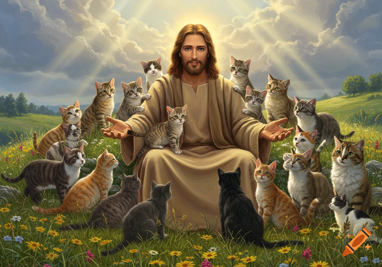 Jesus sits in a grassy field, surrounded by many cats under a bright, ray-filled sky, in a detailed painting.