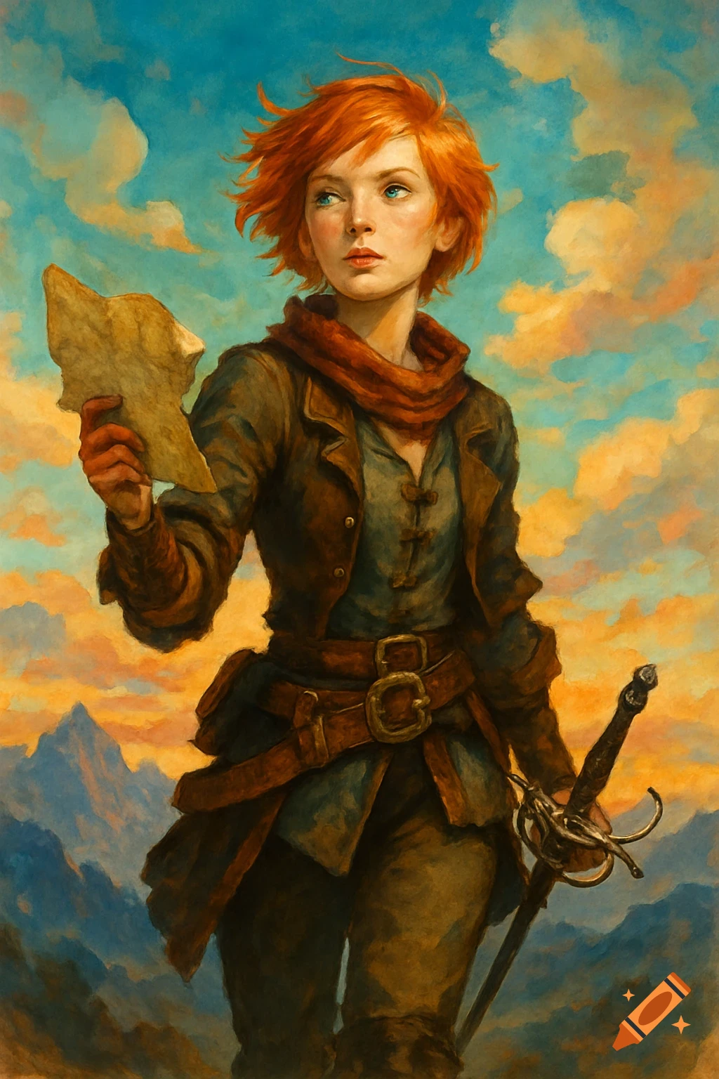 A young woman with short orange hair, wearing adventure attire, holding a crumpled map and a sword against a vibrant sky with mountains.