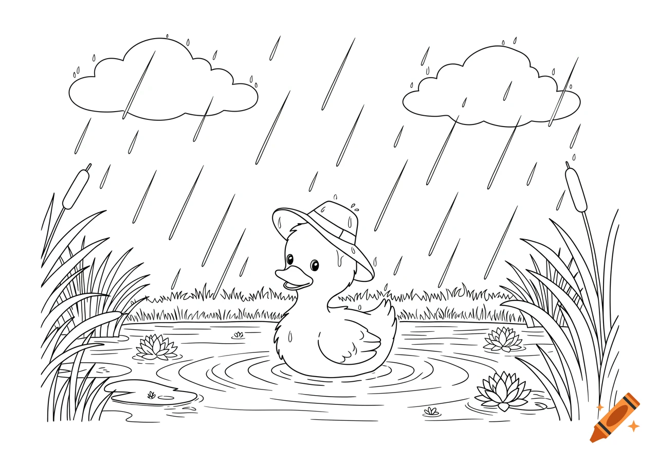 A black and white coloring page illustration of a cute duck wearing a hat in a pond during the rain.