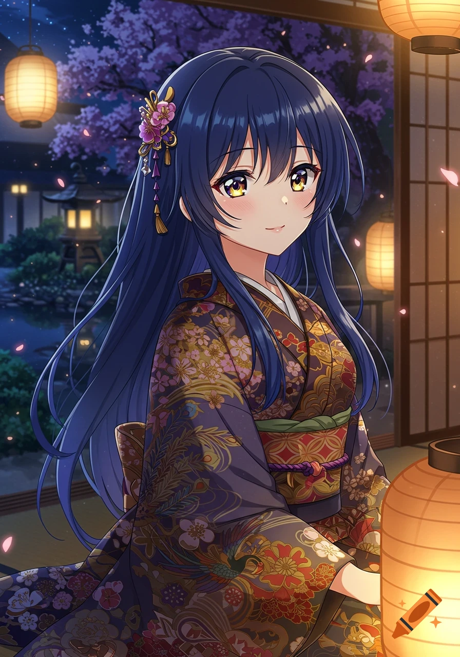 An anime girl with long blue hair and yellow eyes smiles while wearing a floral purple kimono in a traditional Japanese garden at night with lanterns.
