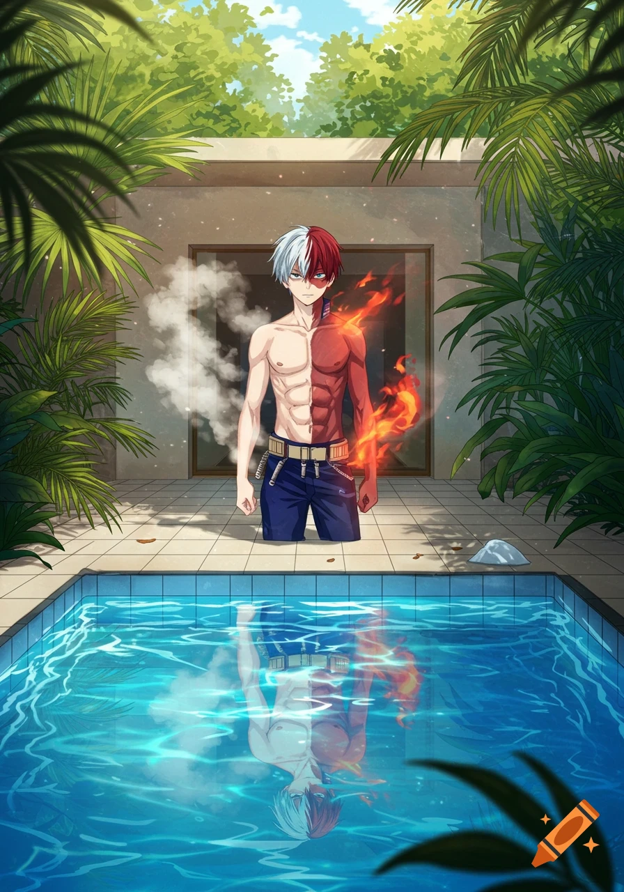Anime art of Shoto Todoroki shirtless by a pool, with ice steam on his left and fire on his right, reflected in the water.