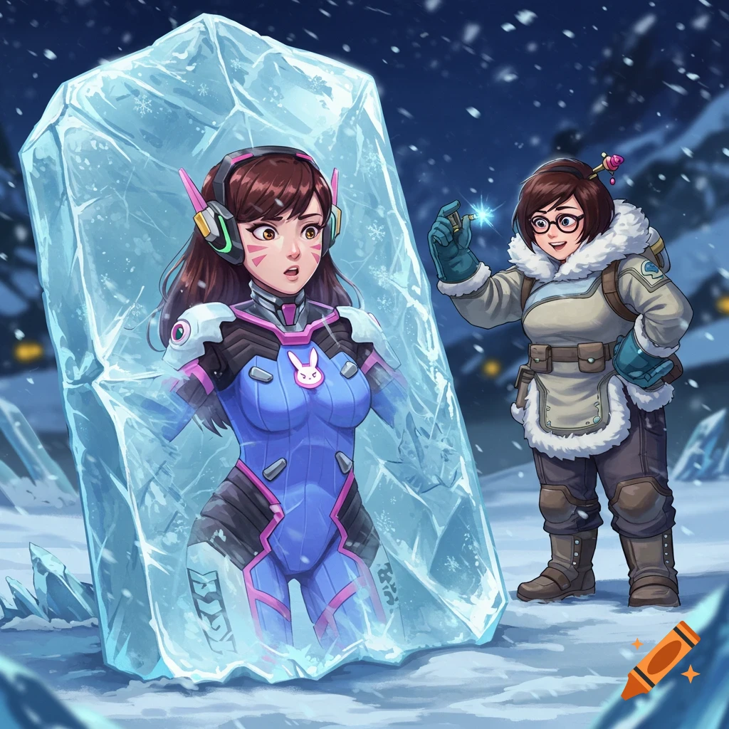 Illustrated D.Va from Overwatch frozen in an ice block with Mei standing beside her in a snowy landscape.