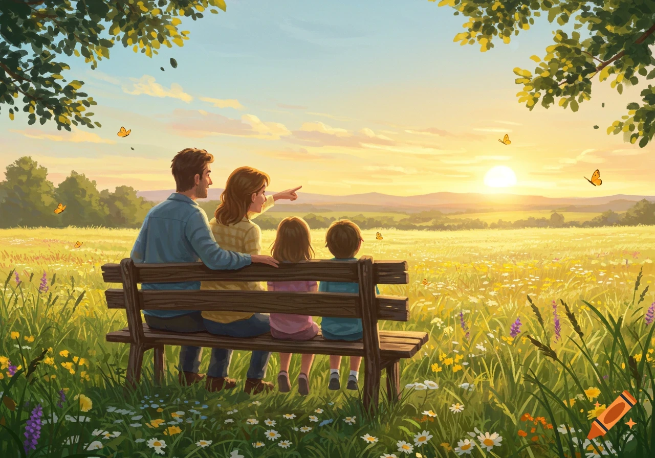 A family of four sits on a bench in a sunny field, watching the sunset with butterflies around.