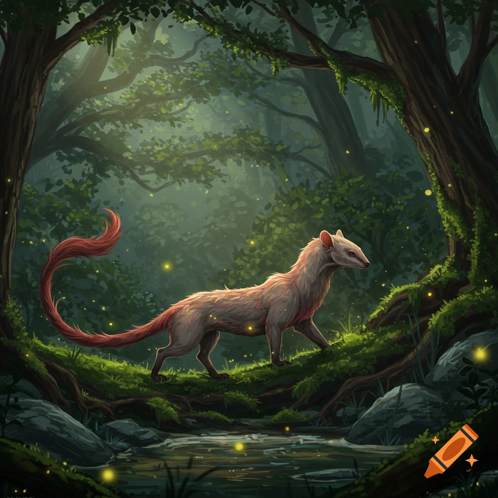 A slender reddish-gray fantasy creature with a long tail walks across a mossy log in an enchanting forest with glowing fireflies and a stream.