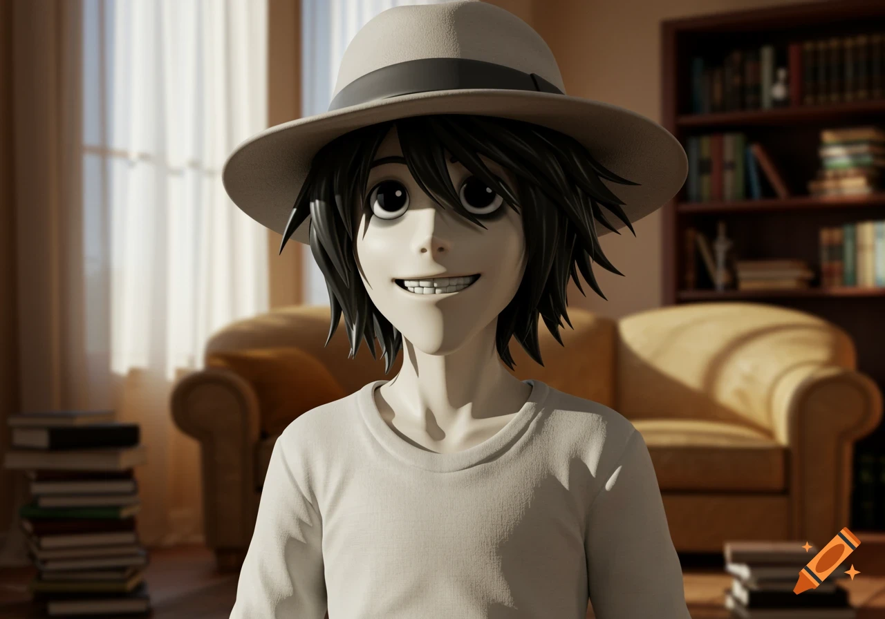 A 3D render of L Lawliet from Death Note, wearing a hat and smiling, in a room with a bookshelf and couches.