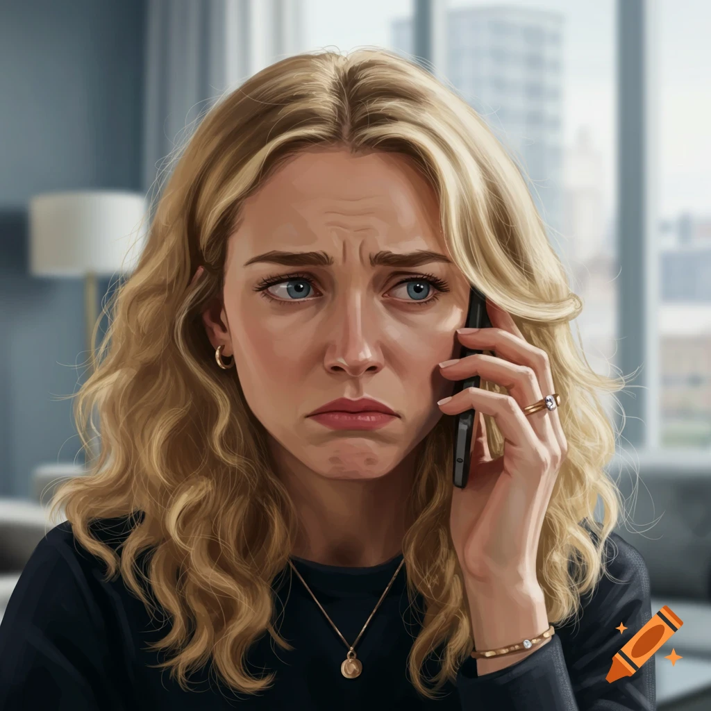A blonde woman with blue eyes, looking distressed, holds a cell phone to her ear in an indoor setting.