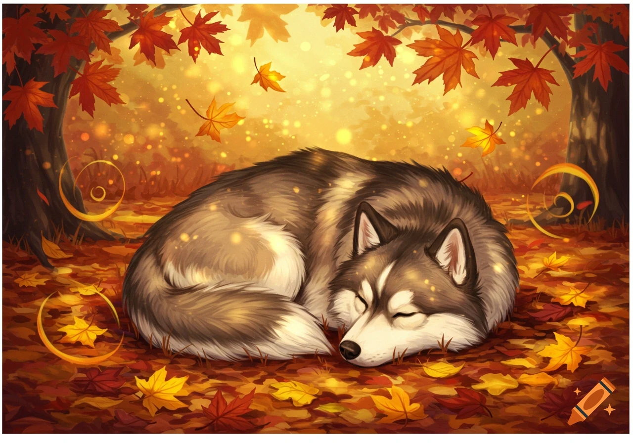 A charming illustration of a curled-up husky or pomsky dog sleeping peacefully on a bed of vibrant autumn leaves in a glowing forest.