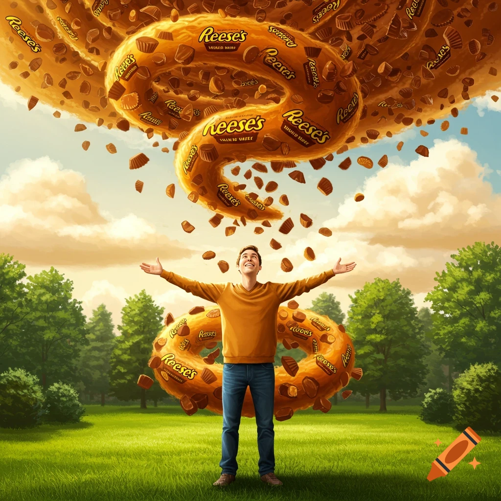 A happy man with outstretched arms stands in a green field as a tornado of Reese's peanut butter cups rains down from a cloudy sky.