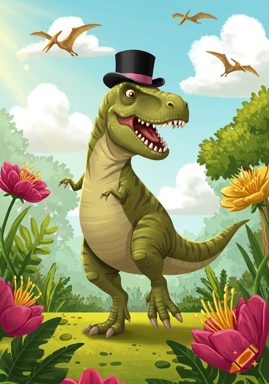 A happy cartoon Tyrannosaurus Rex wearing a black top hat, standing in a vibrant jungle with flowers and flying pterodactyls.