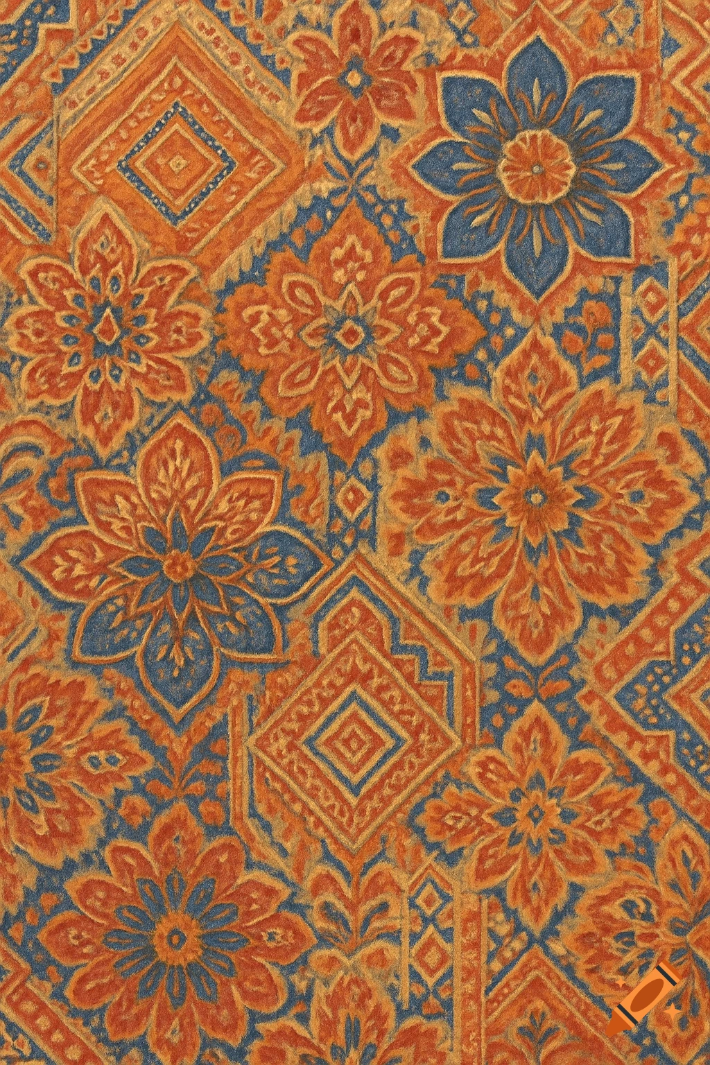 A vibrant pattern of orange, gold, and blue floral and geometric shapes on a textured background.