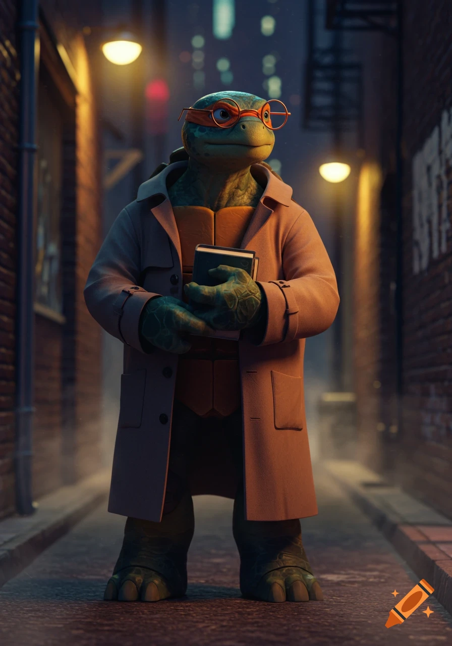 A humanoid turtle in a trench coat and glasses holds books in a dark alleyway at night, in a cartoon style.