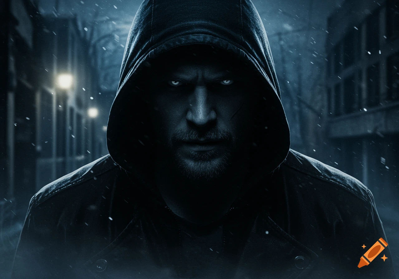 A dark, intense close-up portrait of a man in a black hoodie with glowing white eyes, in a snowy, urban night scene.