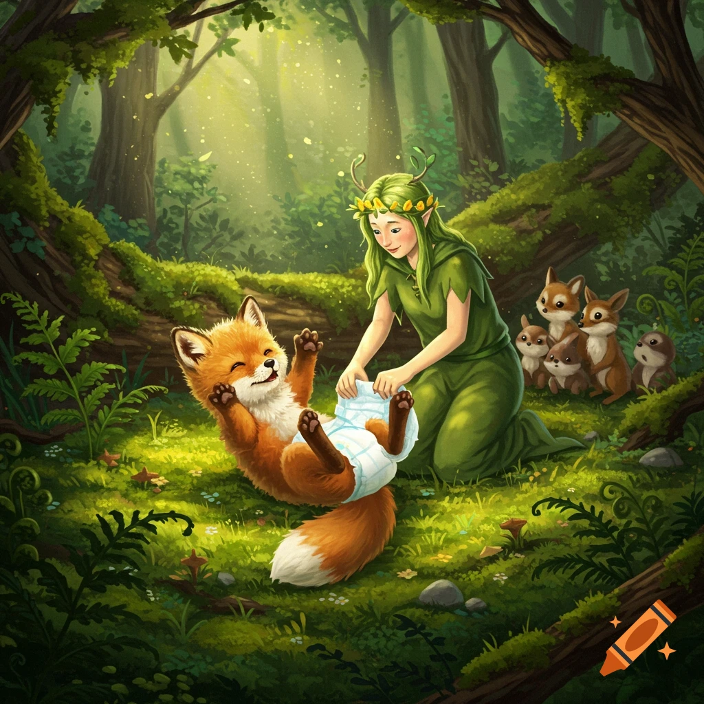 A fantasy illustration of a green-clad fairy changing a baby fox's diaper in a sunlit forest, with cute forest animals watching.