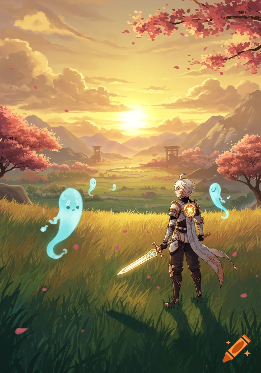 A male anime character with a sword stands in a golden field with cherry blossoms, mountains, and two traditional Japanese gates in the background, as blue ghosts float nearby at sunset.