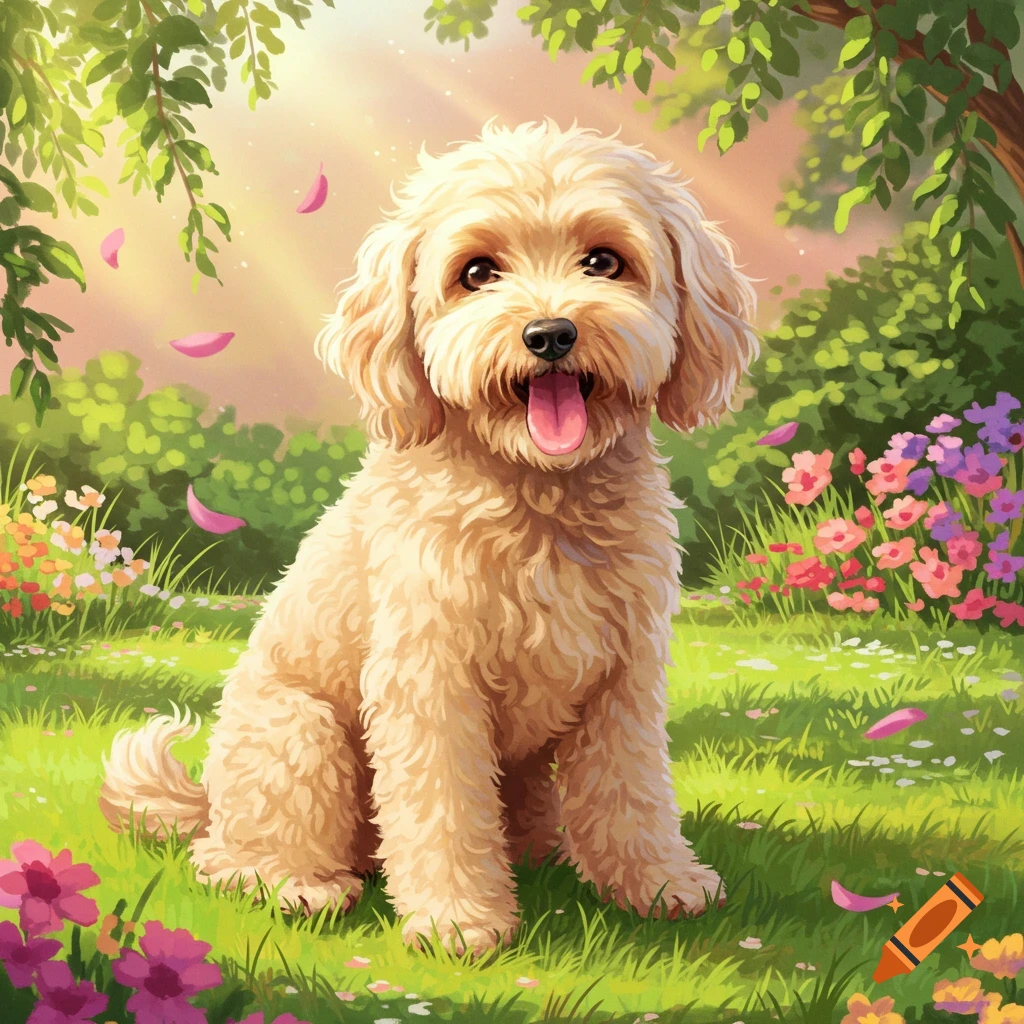 A fluffy golden doodle dog sits in a sunny, vibrant garden surrounded by colorful flowers and green foliage.