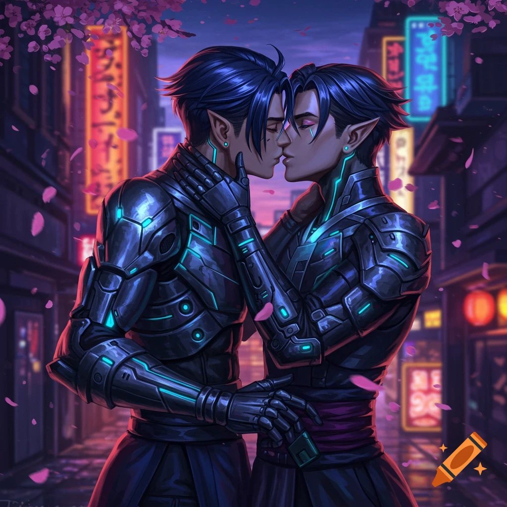 Two dark-haired men with pointed ears in futuristic armor kiss on a neon-lit street with cherry blossoms falling, in an anime art style.