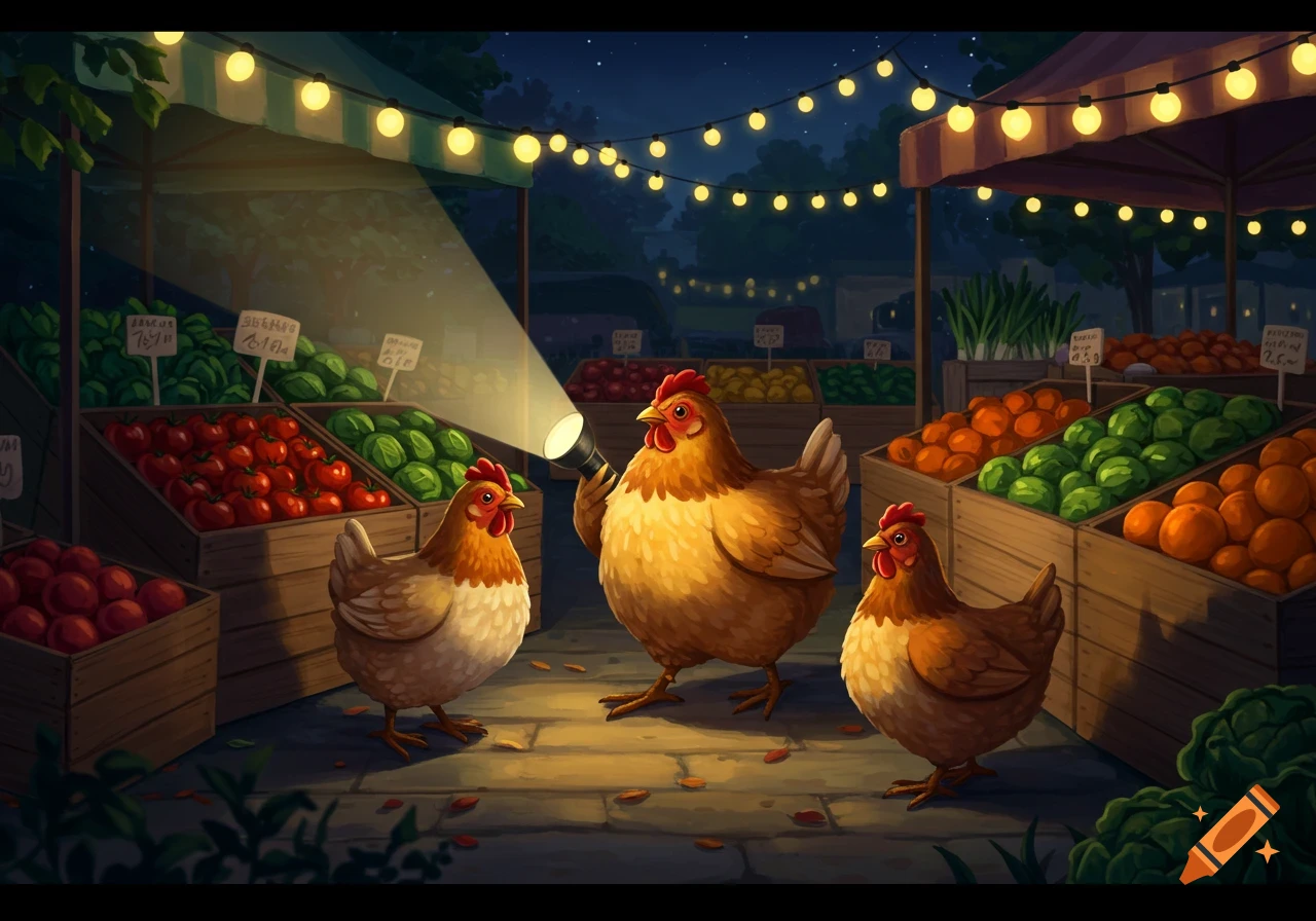 Three chickens at a night farmer's market, one holding a flashlight and illuminating produce stalls.