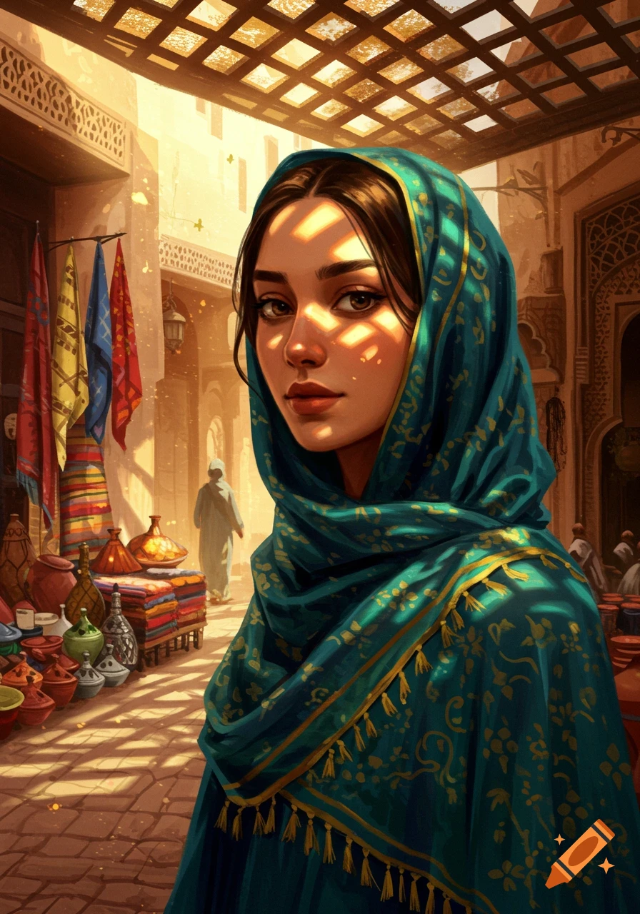 Portrait of a woman in a teal hijab in a sunlit market, colorful goods in background. Digital art.