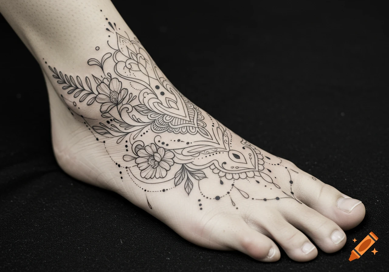 A close-up of a foot adorned with an intricate black and white fine line boho floral tattoo.