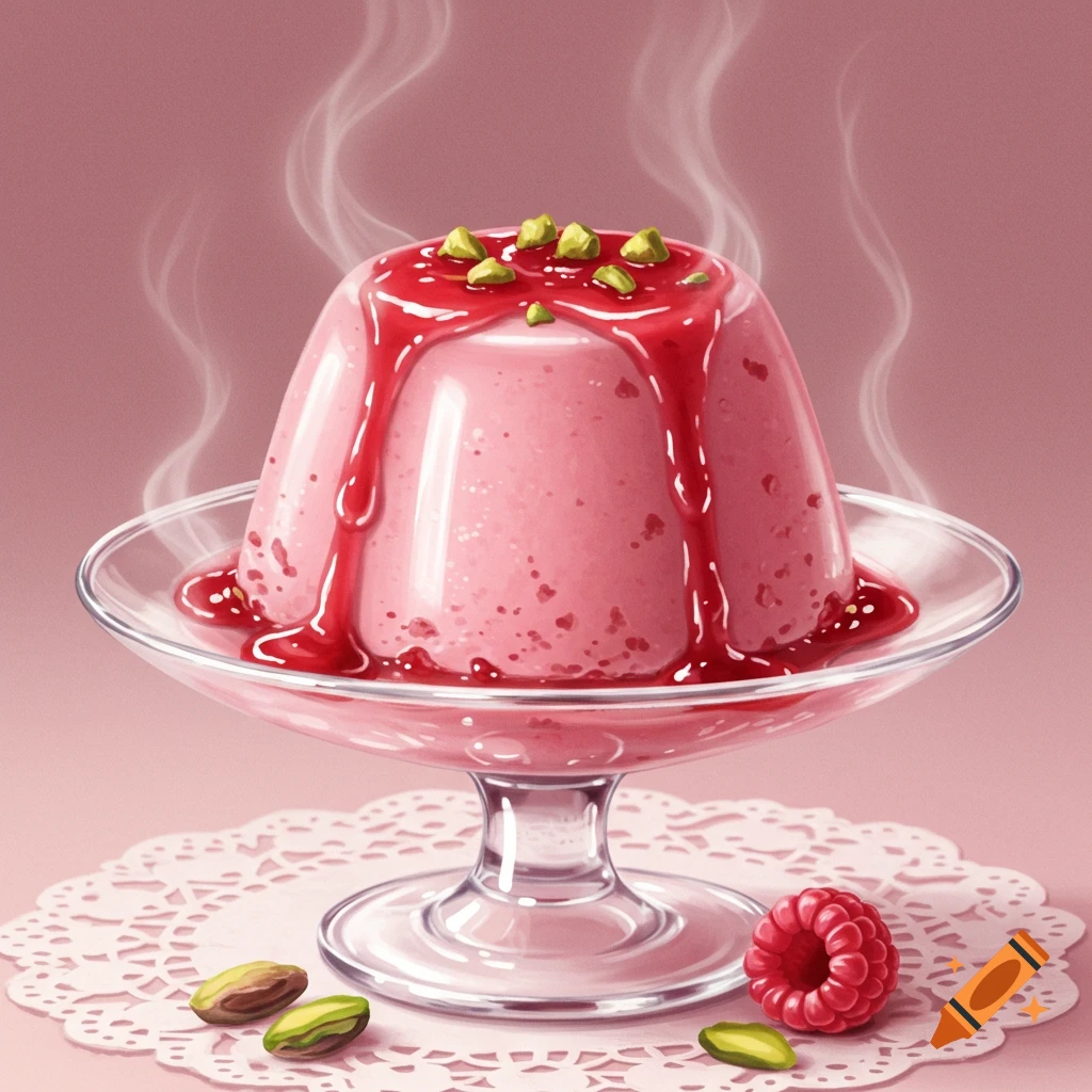 A pink pudding topped with red sauce and chopped pistachios in a glass dish, with a raspberry and nuts on a doily. Stylized illustration.