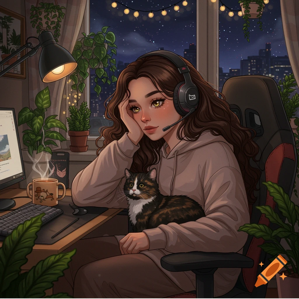 A brown-haired anime girl with glowing eyes in a hooded sweatshirt sits at a computer with a calico cat on her lap, in a cozy, plant-filled room at night.