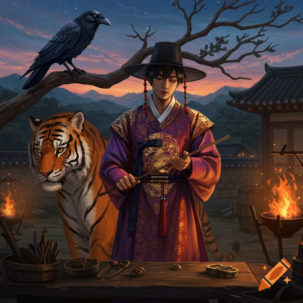 A person in purple traditional Korean hanbok forges a hat, with a tiger and crow nearby, under a twilight sky with mountains and traditional buildings.
