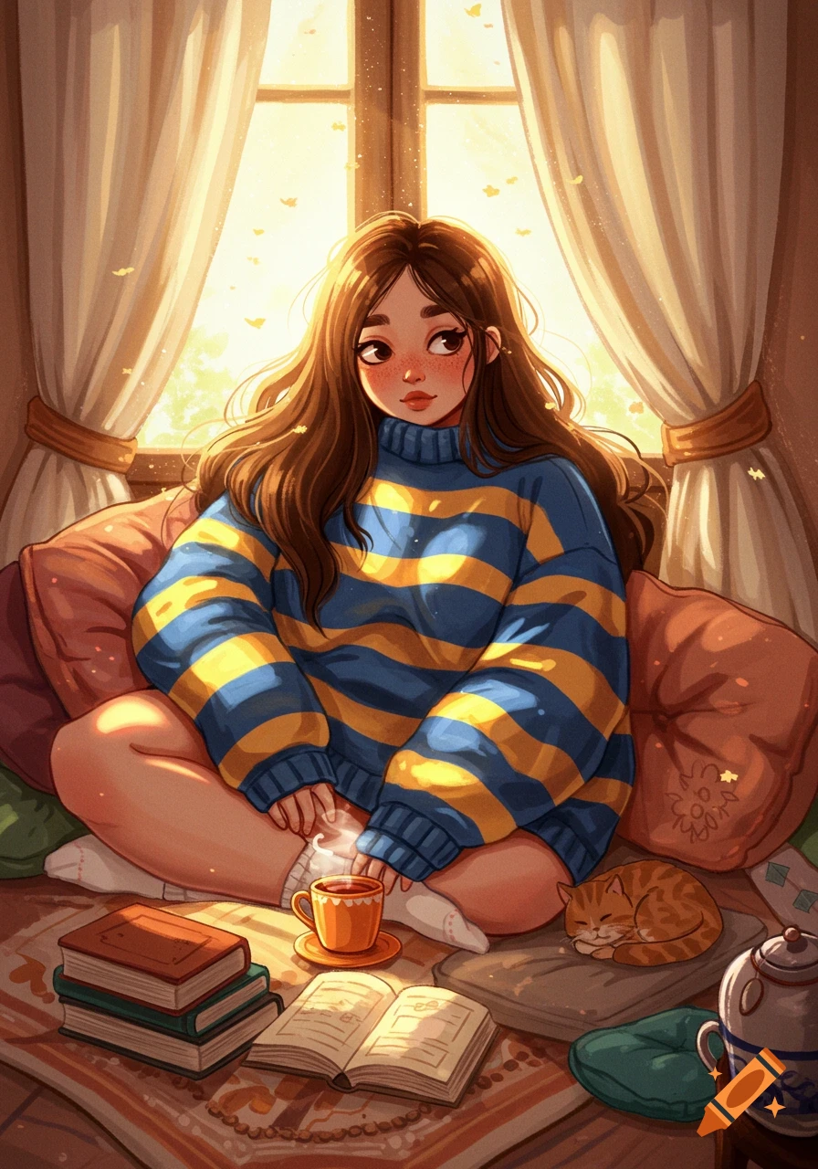 Digital art of a girl in a striped sweater sitting by a sunlit window with books, tea, and a sleeping cat.
