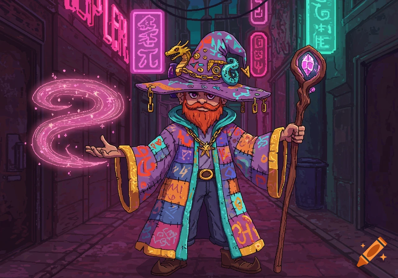 A pixel art wizard in a patchwork robe casting a pink spell in a neon-lit alley.