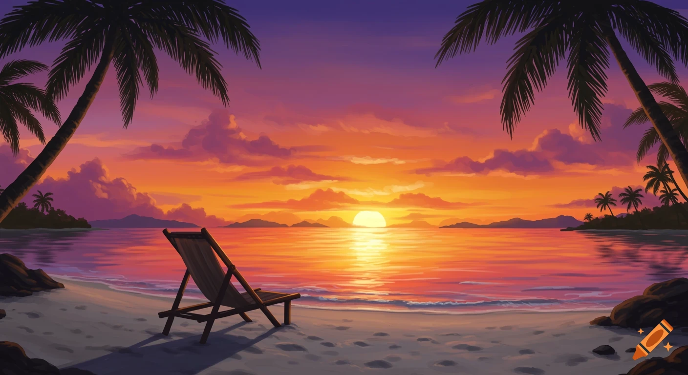 A vibrant tropical sunset over a beach, with a lounge chair in the sand and palm trees silhouetted against the colorful sky.