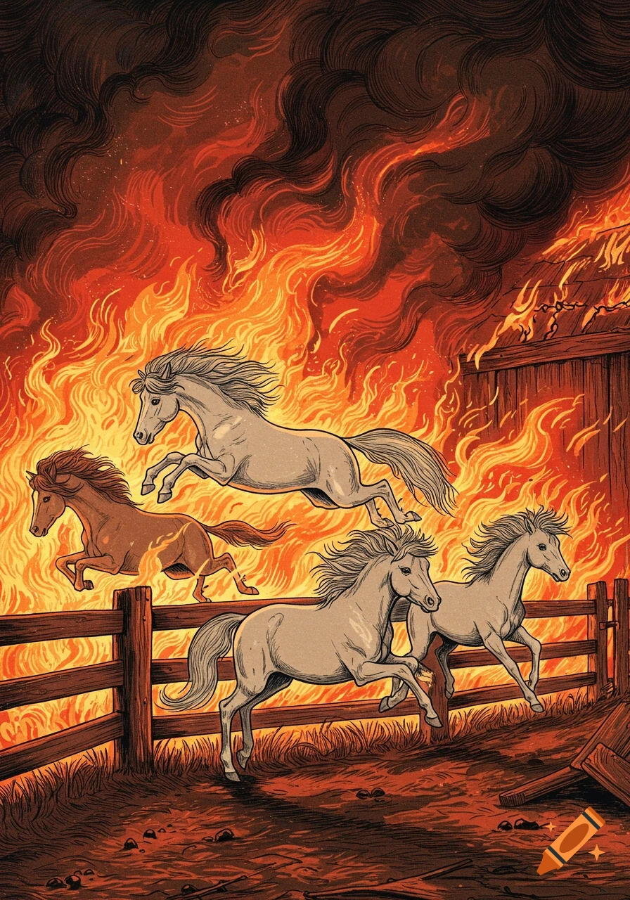 Four illustrated horses, one jumping a wooden fence, escape a barn engulfed in flames and smoke. Stylized lineart.