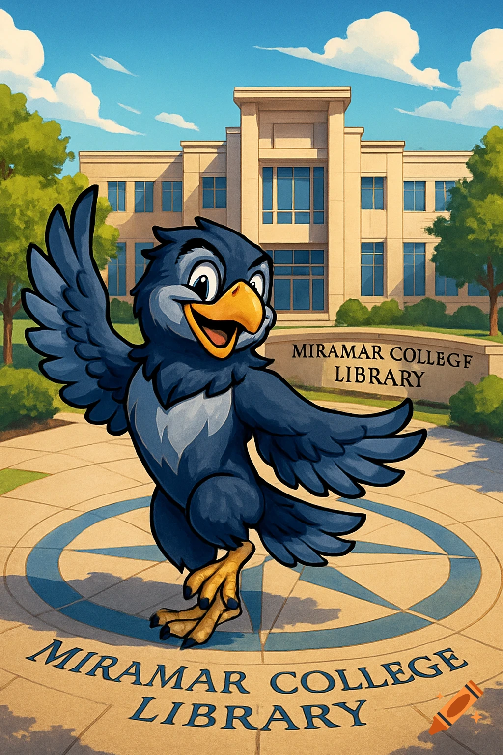 Cartoon blue bird mascot dancing on a compass point in front of a college library, with 'Miramar College Library' text on the ground and sign.