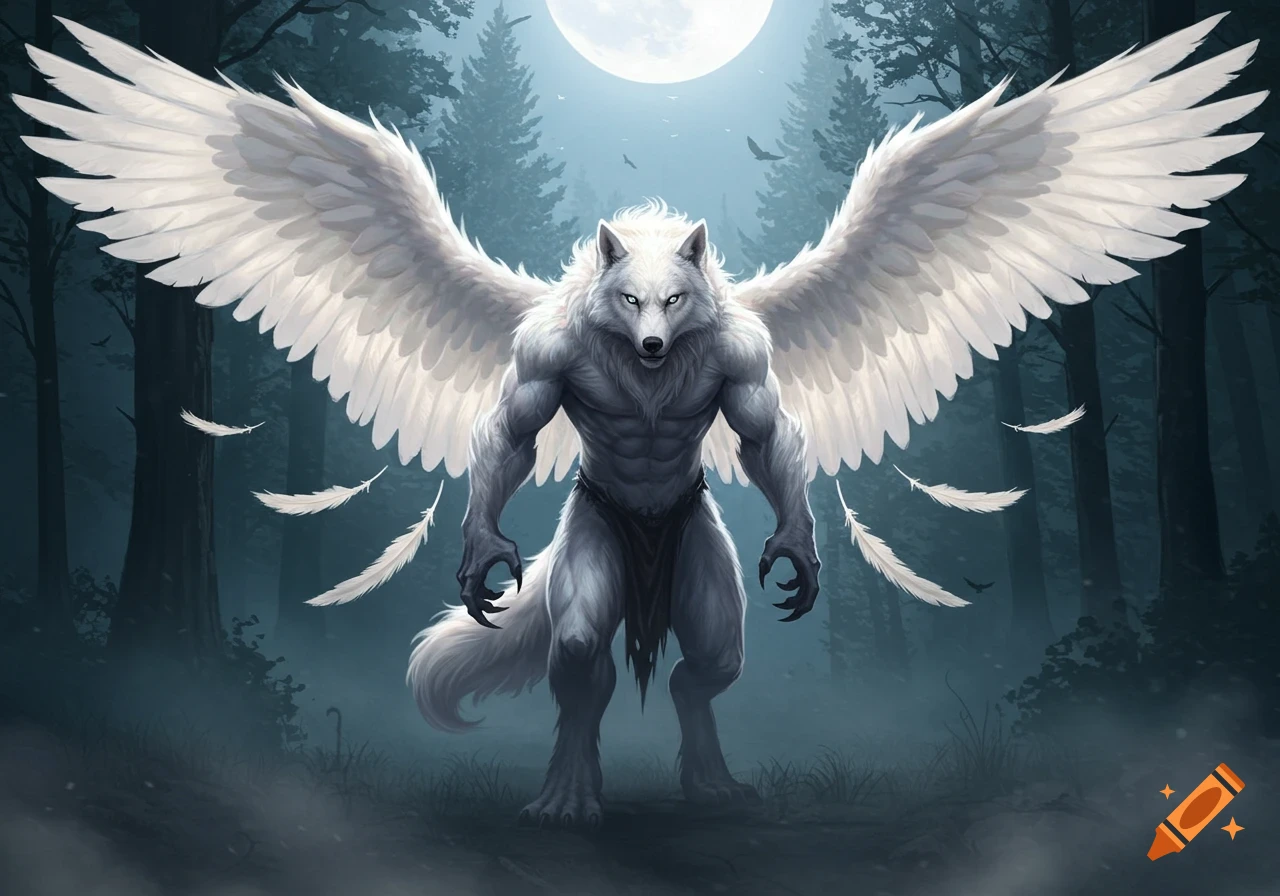 A powerful white werewolf with large white wings stands in a dark, misty forest under a full moon, with feathers falling.