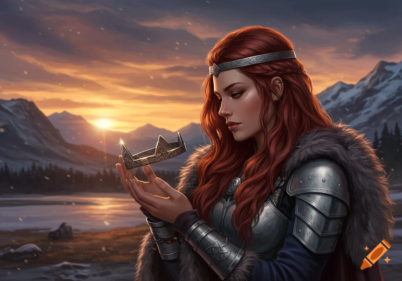 A red-haired Viking princess in silver armor and fur holds a crown, bathed in the glow of a mountain sunset.