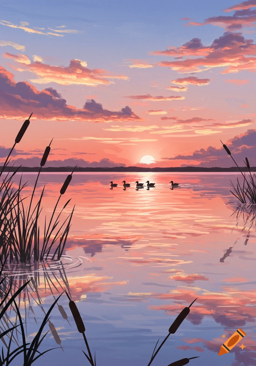 An illustration of a sunset over a lake with ducks swimming among tall reeds, reflecting the colorful sky.