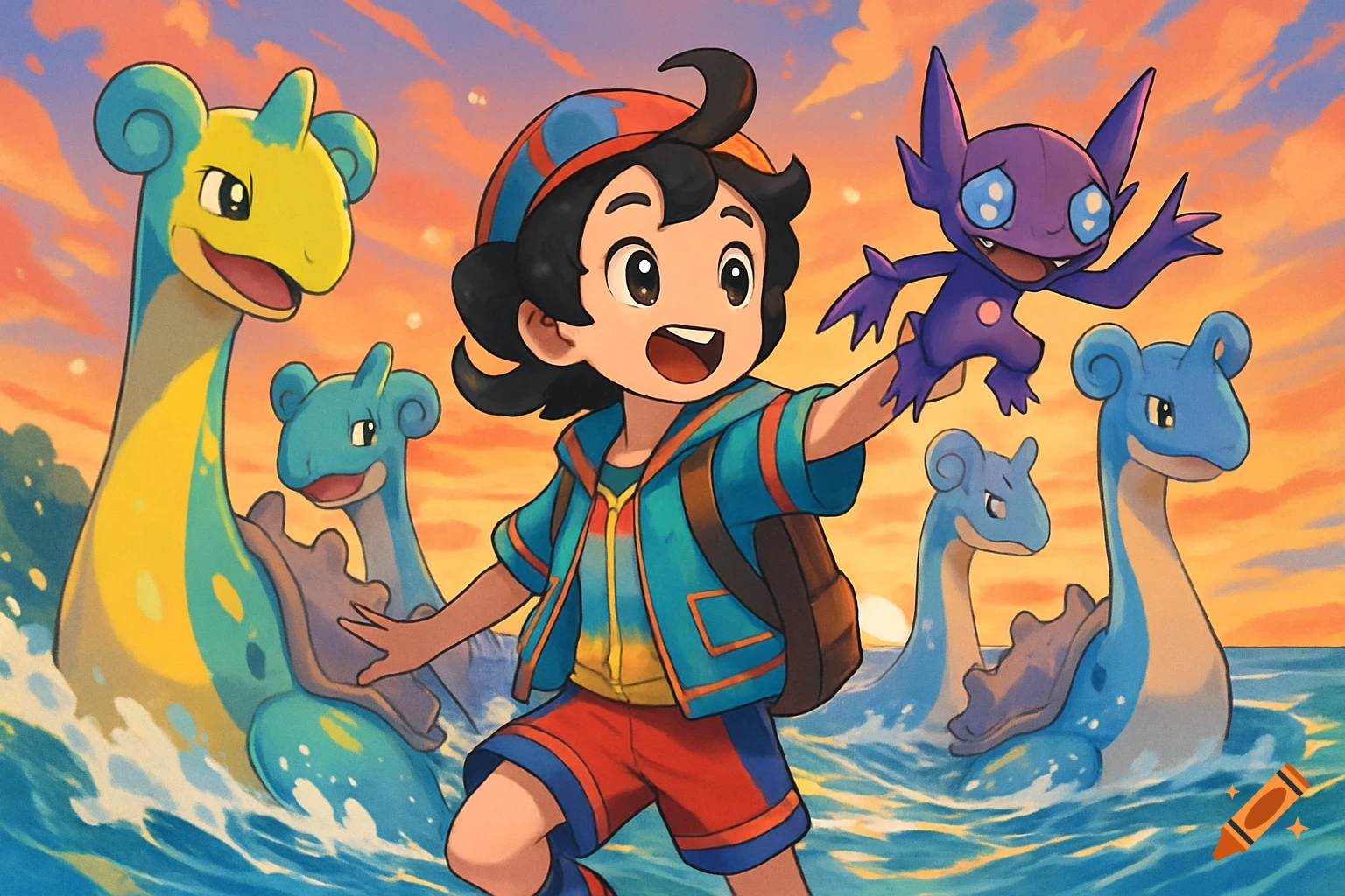 An anime-style illustration of a smiling boy holding a purple Sableye, standing in ocean water with several Lapras around him against an orange sunset sky.