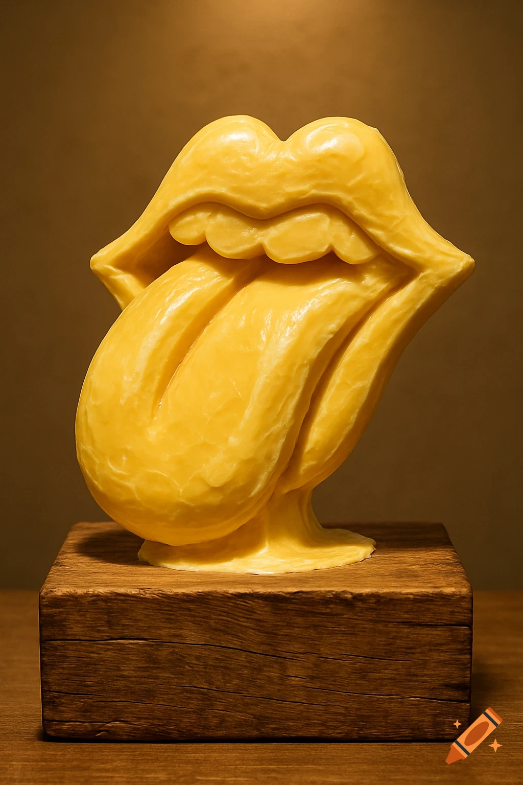 A photorealistic butter sculpture of The Rolling Stones' tongue and lips logo on a wooden base.